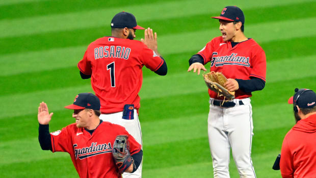 Sep 29, 2022; Cleveland, Ohio, USA; The Cleveland Guardians celebrate a win over the Tampa Bay Rays at Progressive Field. Mandatory Credit: David Richard-USA TODAY Sports